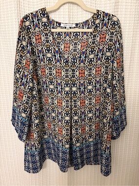 Rose & Olive Navy Multi-Pattern V-Neck Tunic with Coral and Light Blue Accents